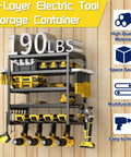 Rock Solid Five Tier Wall Mount Power Tool Organizer Rack For Garage Storage That Holds Drills Pliers And Hammers With Zero Fuss, heavy-duty metal organizer featuring bright yellow tools.