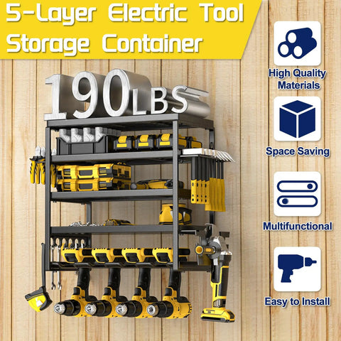 Rock Solid Five Tier Wall Mount Power Tool Organizer Rack For Garage Storage That Holds Drills Pliers And Hammers With Zero Fuss, heavy-duty metal organizer featuring bright yellow tools.