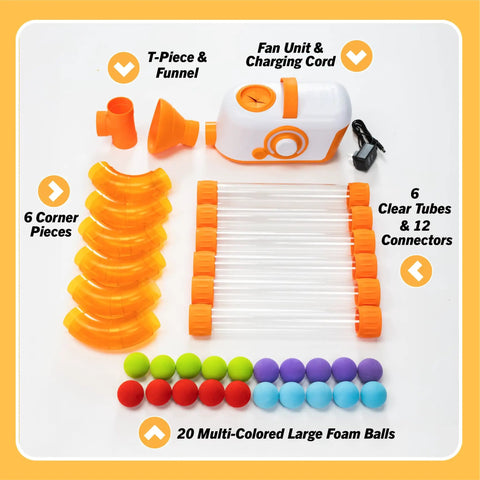 Air Toobz Original Air Powered STEM Building Toy For Kids And Teens With Foam Ball Tubes And Airflow Experiments components.