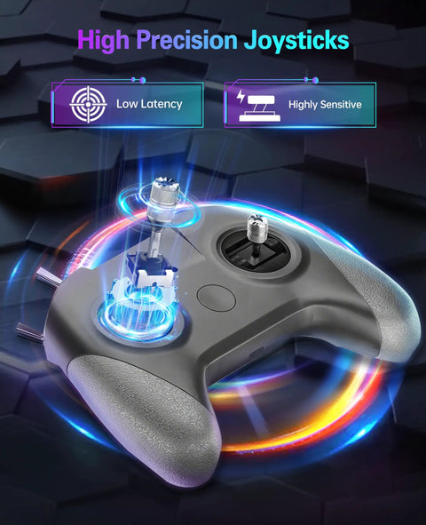 Close-up of Beginner Drone Simulator Controller With USB C Cable And OTG Adapter highlighting precision joysticks with effects.