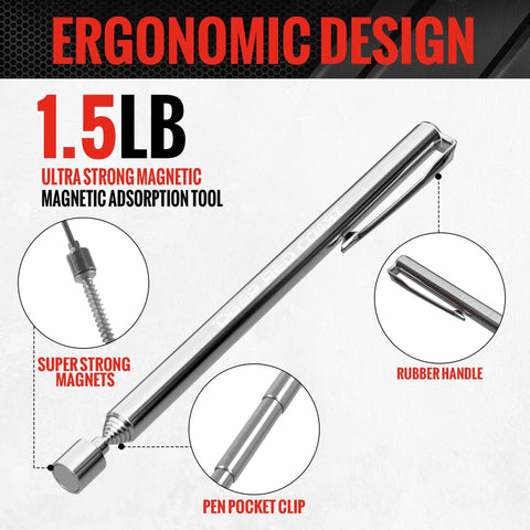 Three Piece Telescoping Magnetic Pickup Tool Set with 1.5 lb extendable magnet, ergonomic design, pocket clip, rubber handle.