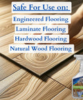 All In One Floor Cleaner Spray For Wood Laminate Hardwood And Luxury Vinyl Floors Delivers Streak Free Clean With Fast Dry No Rinse Formula 32 Oz Bottle For Easy Wipes And Everyday Messes shown on wood floor surface with list of safe flooring types.
