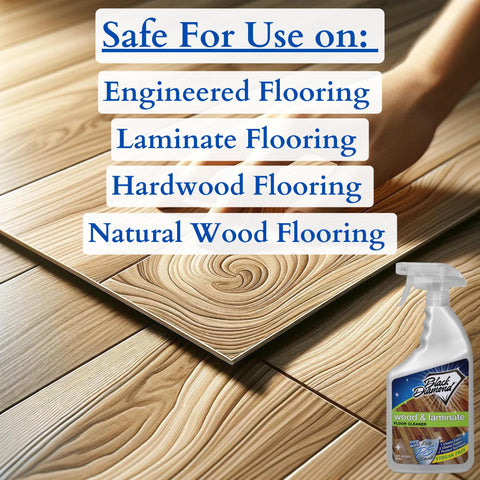 All In One Floor Cleaner Spray For Wood Laminate Hardwood And Luxury Vinyl Floors Delivers Streak Free Clean With Fast Dry No Rinse Formula 32 Oz Bottle For Easy Wipes And Everyday Messes shown on wood floor surface with list of safe flooring types.