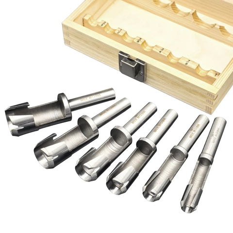 Heavy Duty Forstner Bit Set Six Piece Woodworking Plug Cutters High Speed Carbon Steel Drill Press And Cordless Ready Includes Solid Wooden Storage Box.