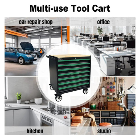 7 Drawer Tool Chest With Wood Top Locking Rolling Cabinet On Wheels For Garage And Workshop Central Locking System With One Key Keeps All Drawers Secure Durable Black And Green Cabinet For Mechanics And DIYers in car shop, office, kitchen, studio
