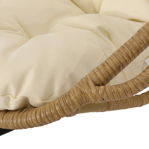 Close-up of cushion and wicker on Mariah Wicker Hanging Chair With Cushion For Indoor Outdoor Chill Lounger, Cozy Basket Swing Chair For Patio Garden Or Balcony, Modern Boho Style In Light Brown And Beige.