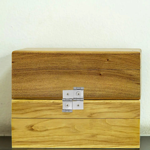 Wooden box with Heavy Duty 4 Pack Double Swing Door Hinges for Furniture and Screens in silver iron, 25mm hole spacing.