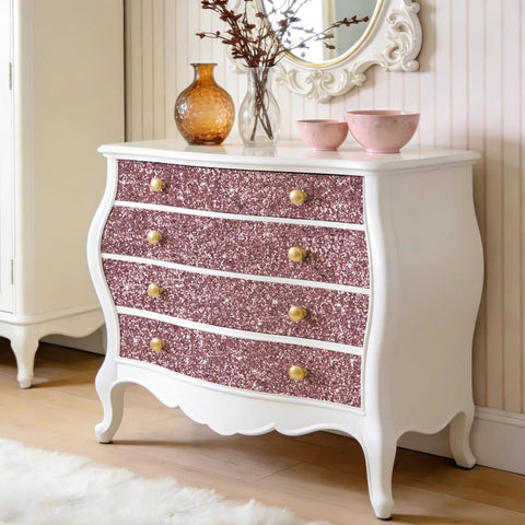 Totally Fresh Mauve Pink Chunky Glitter Peel And Stick Wallpaper For Accent Walls And Vanity Backsplash Premium Self Adhesive Fabric Vinyl Room Decor Slays Hard on a dresser.
