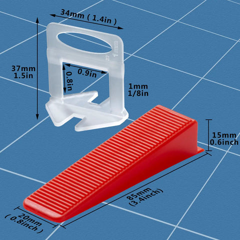 Pro Grade Tile Leveling System Kit clip and wedge sizes with dimensions, 1/32 inch spacers and leveler clips, 1200 clips, 400 wedges.