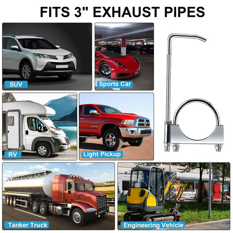 304 Stainless Steel Exhaust Hanger 3 Inch 2 Pack Muffler Support shown with various compatible vehicles including SUV, sports car, RV