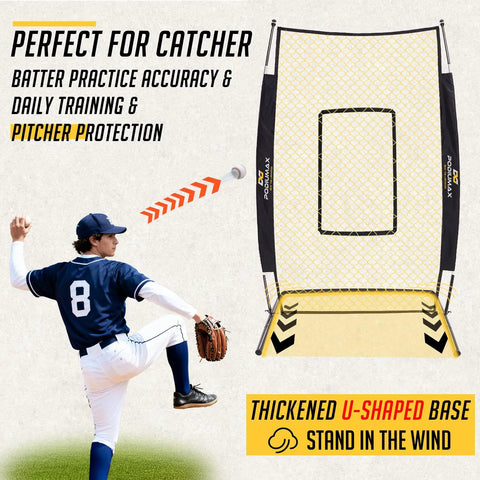Beefed Up 7x4 Foot Baseball Pitching Screen With Home Plate And Pitcher Plate, Heavy Duty 600D Tear Resistant Mesh, Standalone U Shaped Base
