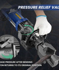 CUTPOIY 900W Electric Rebar Bender Machine 5/8-Inch #5 showing pressure relief valve and handling steel rod bending.