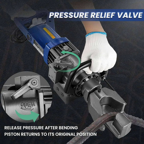 CUTPOIY 900W Electric Rebar Bender Machine 5/8-Inch #5 showing pressure relief valve and handling steel rod bending.