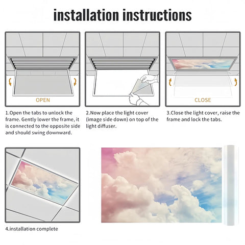 Installation instructions for 2x4 Foot Fluorescent Light Cover With Pink Clouds Backlit Film Reduces Glare And Eye Strain