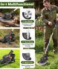 Cordless 24V Weed Wacker With Eight Inch Cutting Head Foldable 3 In 1 Trimmer Edger Mower being used in garden cleanup