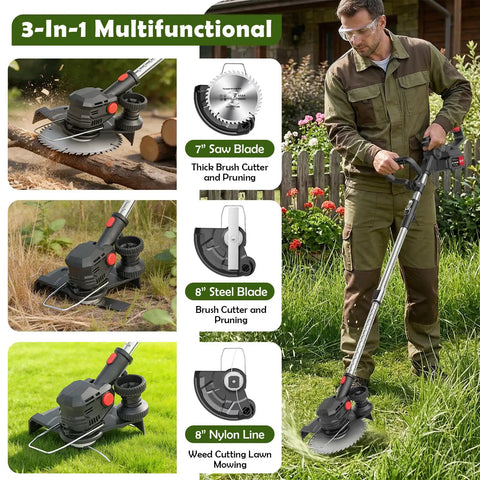 Cordless 24V Weed Wacker With Eight Inch Cutting Head Foldable 3 In 1 Trimmer Edger Mower being used in garden cleanup