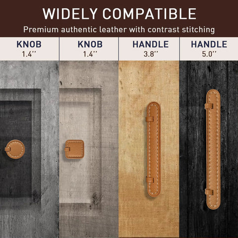 Two Pack Hand Stitch Brown Leather Cabinet Pulls 5 Inch Drawer Handles with contrast stitching and metal core