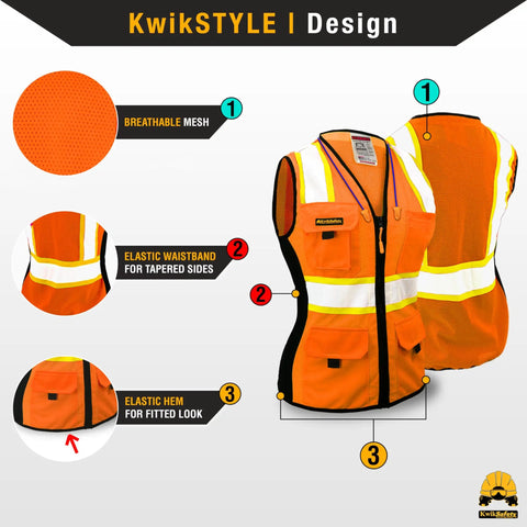 Boss Lady Womens Safety Vest 2-Pack Snug Fit With 9-Pocket Design Class 2 High Visibility Reflective ANSI OSHA Fitted Construction Work PPE Orange Small, front and back view highlighting breathable mesh, elastic waistband, and hem features.