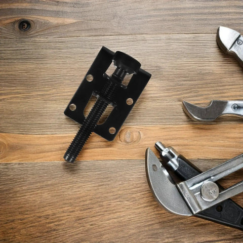 Beefy Heavy Duty Adjustable Cabinet Leveler Feet With Sidemount Design for uneven floors, shown with tools on wood surface