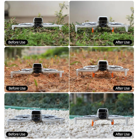 Foldable Landing Gear Extensions For Flip Drone Adds 30mm Height Propeller Protection Obstacle Sensor Safe Design Pro Grade Ultra Light Gray Legs Easy Install Flight Ready Upgrade shown before and after installation across different terrains.