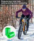 Cyclist on snowy path with Fat Bike Tire Liner Flat Protector For 20 To 29 Inch Fat Bicycles, 29x3-4 Inch Fit, inset of liners.