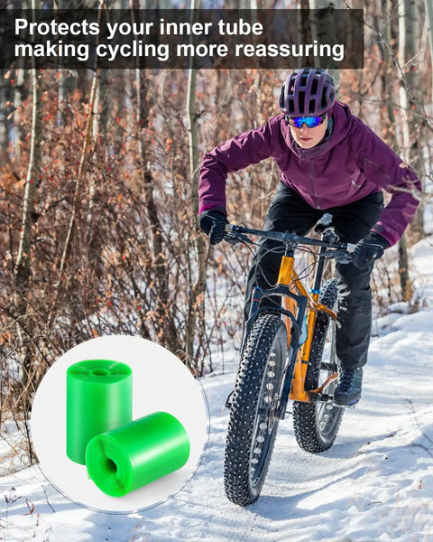 Cyclist on snowy path with Fat Bike Tire Liner Flat Protector For 20 To 29 Inch Fat Bicycles, 29x3-4 Inch Fit, inset of liners.