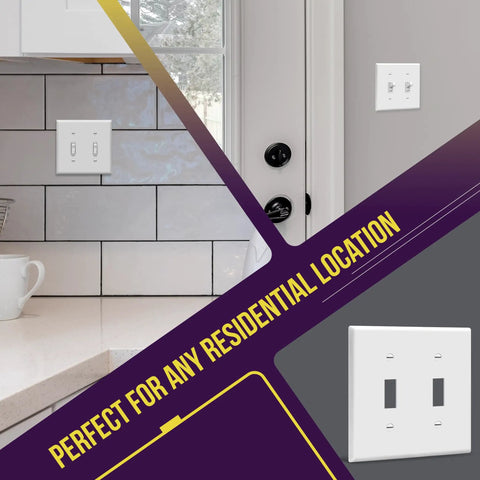 Two Gang White Wall Plate For Double Toggle Light Switch, Built To Last Unbreakable Polycarbonate Thermoplastic, Heat And Fade Resistant Over 100 Degrees, UL94 V2 Rated, Ten Pack 8812 W