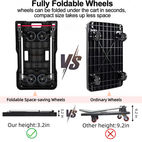 Comparison of foldable hand truck with 330 lbs capacity heavy duty luggage cart portable push cart dolly wheels and ordinary wheels.