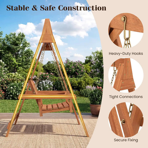 Two Seater Porch Swing With Stand, Solid Wood Patio Loveseat With Adjustable Chains, Built In Backrest And Armrests, Outdoor Swing Bench Display