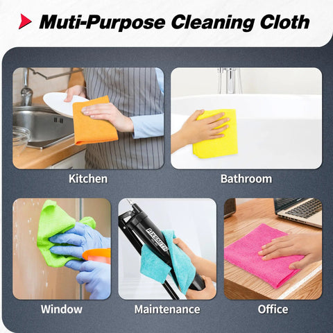 Ultra Absorbent Microfiber Cleaning Cloths 100 Pack 12x12 Inches used in kitchen, bathroom, window, office cleaning