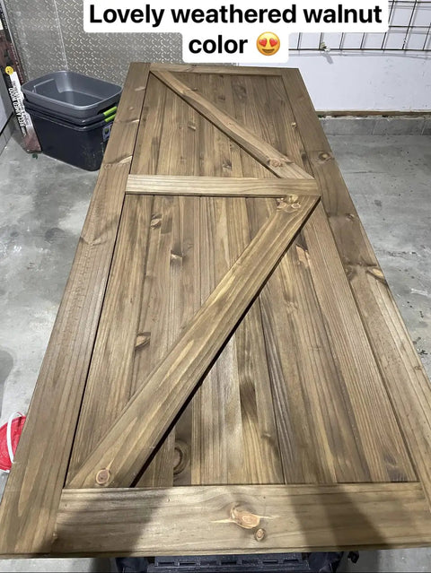 No Brainer Walnut Aging Wood Stain In 5 Gallon Pails transforms Interior Rough Cut Lumber into a lovely weathered walnut door.