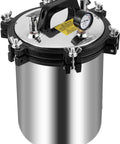 Front view of BAOSHISHAN 12L steam autoclave in stainless steel with black lid and pressure gauge
