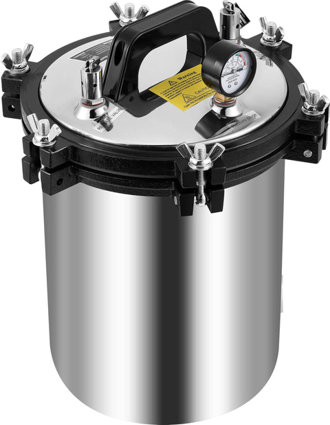 Front view of BAOSHISHAN 12L steam autoclave in stainless steel with black lid and pressure gauge