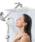 Smiling woman enjoying shower with High Pressure Rainfall Shower Head Combo With Handheld Spray, 10 Inch Rain Face And 11 Inch Extension Arm