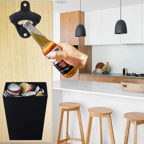 Heavy Duty Cast Iron Bottle Cap Opener Wall Mounted With Catcher Tray For Garage Bar Or Home Man Cave Built Tough As Nails And Crafted For Easy Weekend Party Hosting in a kitchen setting.