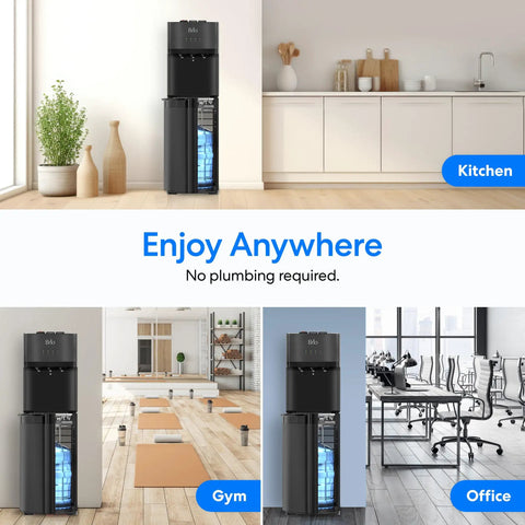 Self Cleaning Bottom Loading Water Cooler Dispenser In Black Stainless Steel With Three Temperature Settings Hot Room And Cold Water Easy Bottle Refill And No Fuss Back Saving Convenience For Home Or Office in kitchen, gym, office environments