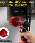 In-Wall Cable Management Kit For TV With 2 Wire Pass-Throughs And 1 Hole Saw Drill Attachment being used for wall mount installation