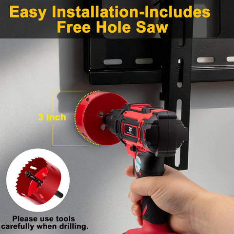 In-Wall Cable Management Kit For TV With 2 Wire Pass-Throughs And 1 Hole Saw Drill Attachment being used for wall mount installation