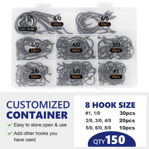 Saltwater Circle Hooks 2X Strong Offset Point High Carbon Steel Octopus Catfish Fishing Hooks Set Tackle Gear in container