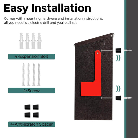 Installation guide and hardware for Wall Mount Mailbox With Flag Kit And 0 To 9 Number Stickers, Galvanized Steel Built Tough Rust Proof Outdoor