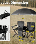 Two Person Folding Camping Chair With Adjustable Umbrella Built In Cooler And Beverage Holder, shown with dimensions and black carrying bag.