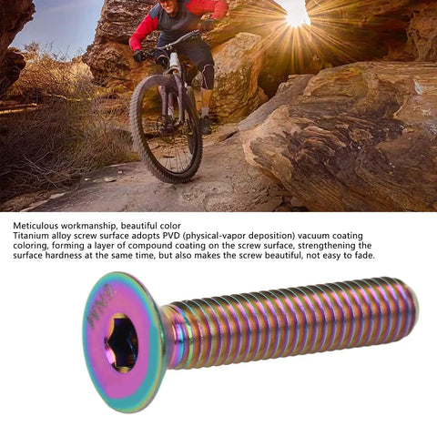 Titanium Alloy Bike Stem Bolt Screw M6 By 30mm Flat Head Headset Cap Bolt for bike stem top cap, rainbow finish, cycling focus.