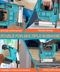 Cordless Brad Nailer And Staple Gun Combo Leveraging 21V Battery in use for home projects like table reinforcement and door installation.