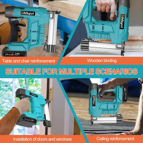 Cordless Brad Nailer And Staple Gun Combo Leveraging 21V Battery in use for home projects like table reinforcement and door installation.