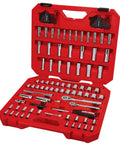 105 Piece Mechanics Tool Set with SAE and Metric Sockets in red blow mold case, featuring 1/4- and 3/8-inch drives and 72-tooth ratchets.