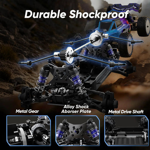 One Twelfth Scale Brushless RC Car With 50 MPH Top Speed showing durable shockproof design with metal gear and drive shaft.