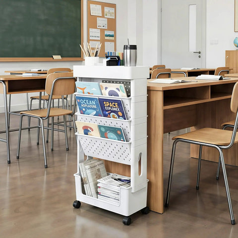 Five Tier Mobile Bookshelf With Rolling Wheels For Home Office Study Living Room Classroom White Space Saving Shelving Cart Movable File Organizer For Books Magazines And More in a classroom setting.