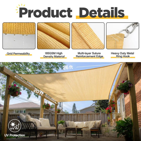 20 By 26 Feet Rectangle Sun Shade Sail For Patio Outdoor Cover 185 GSM HDPE Heavy Duty Breathable UV Block 95 Percent To 98 Percent Cool Shade.