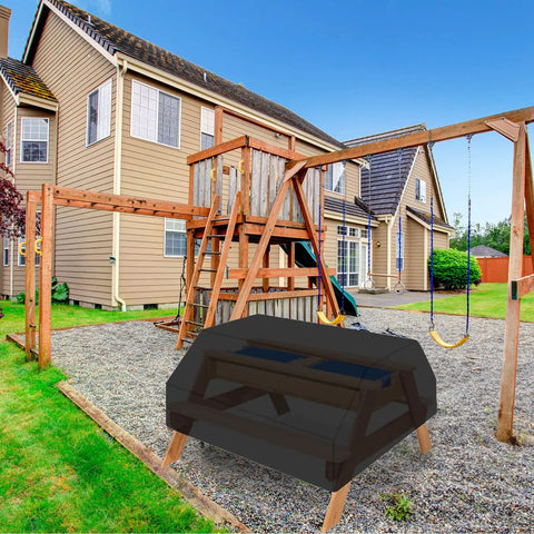Waterproof Outdoor Picnic Table Cover For Kids And Toddlers 38 Inch Long By 38 Inch Wide By 19.5 Inch High Sand And Water Play Table Cover Durable Patio Table Protector For Toddler Benches in a backyard setting.