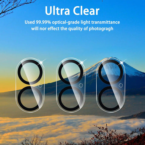 Camera Lens Protector 3 Pack for iPhone 16 6.1 Inch and iPhone 16 Plus 6.7 Inch, clear tempered glass against scenic mountain view.